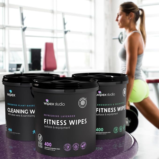 Wipex Gym Cleaning Wipes Bundle - Get 3 Buckets (1) Lavender, (1) Lemongrass Plant-Based Fitness Equipment Wipes and (1) Sanitizing BZK Bucket for Hands, Use at home or Gym, 400 Count (Pack of 3)