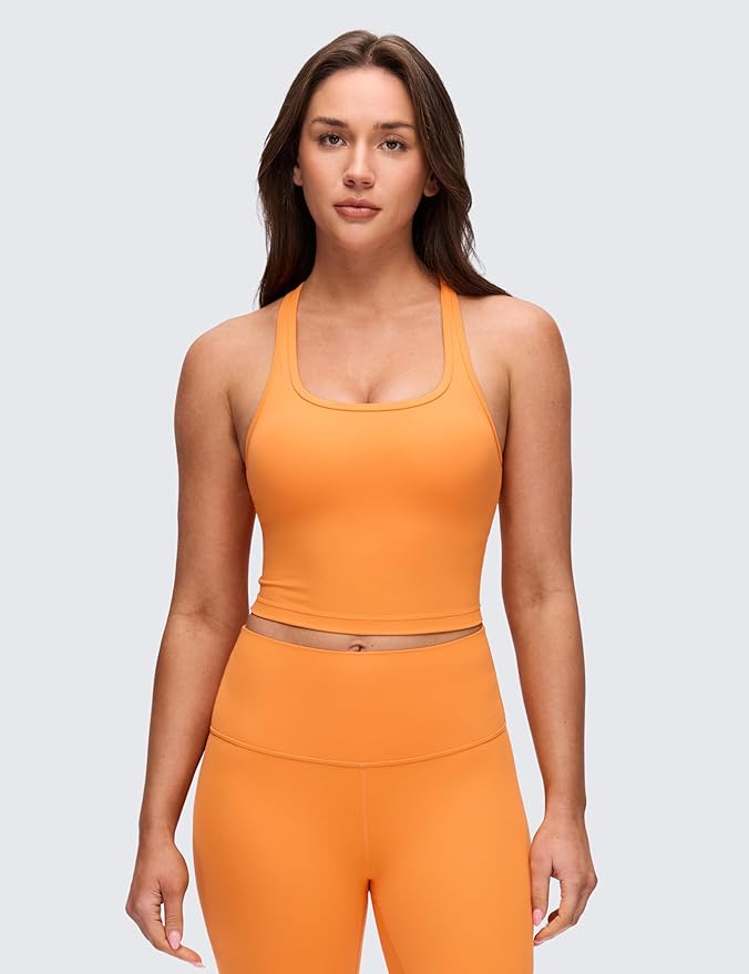 CRZ YOGA Butterluxe Racerback Crop Tank Tops for Women - Padded Y-Back Longline Sports Bras Scoop Neck Workout Yoga