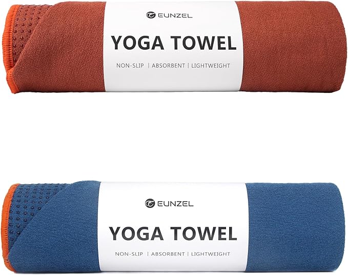 Eunzel 2 Pack Hot Yoga Towel with Grip Dot, Non Slip Yoga Mat Towe Sweat Absorbent Towel for Hot Yoga,Bikram, Pilates and Fitness 72" x 24", Sedona Red/Steel Blue