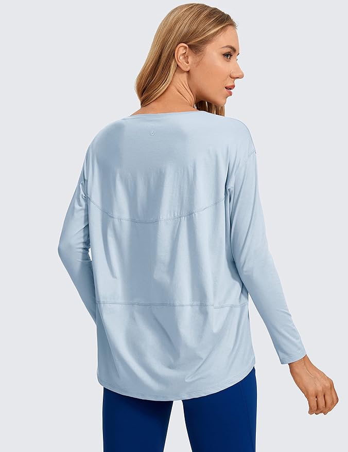 CRZ YOGA Pima Cotton Boat Neck Long Sleeve Shirts for Women - Workout Athletic Yoga Casual Tops Loose Fit Fall T-Shirts