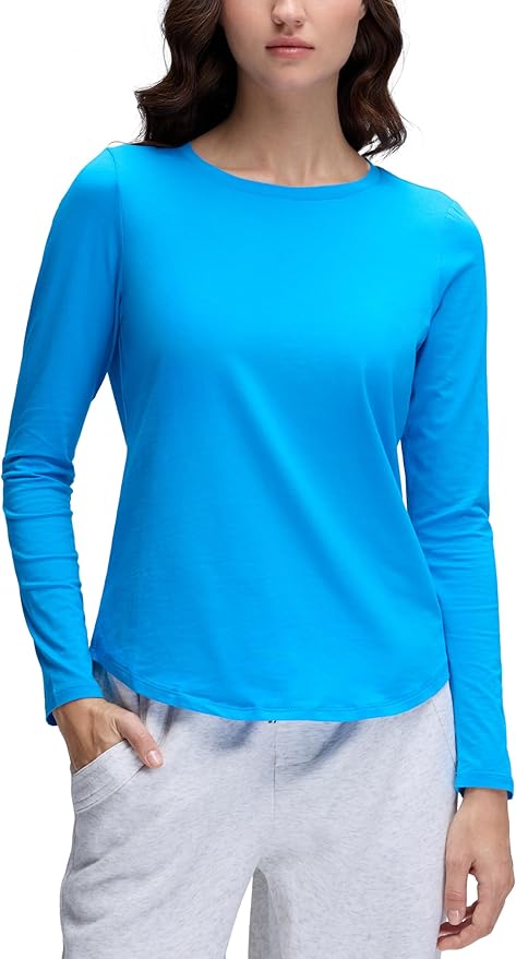 CRZ YOGA Pima Cotton Crewneck Long Sleeve Shirts for Women - Workout Athletic Yoga Casual Tops Soft Plain T-Shirt
