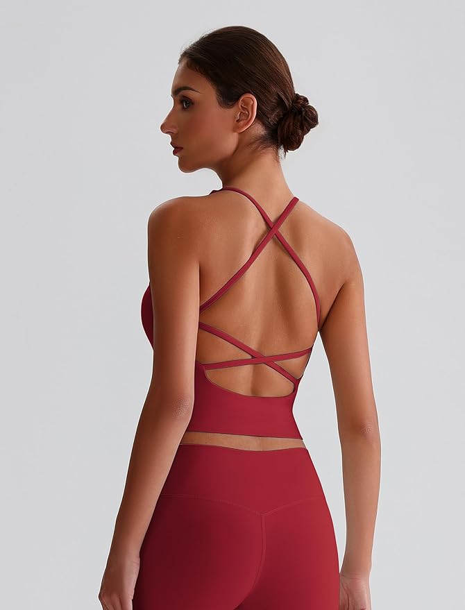 ABOCIW Womens Cross Back Workout Crop Tank with Built in Bra V Neck Longline Sports Bra Gym Shirt Yoga Pilates Top