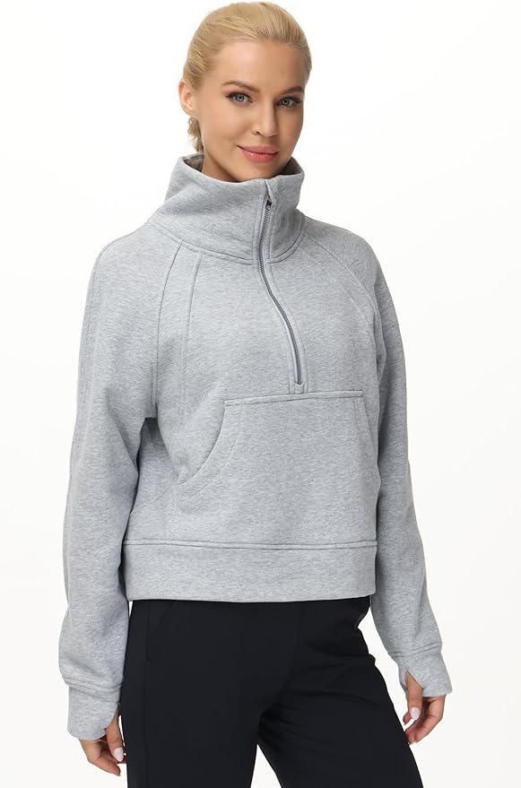 THE GYM PEOPLE Womens' Half Zip Pullover Fleece Stand Collar Crop Sweatshirt with Pockets Thumb Hole