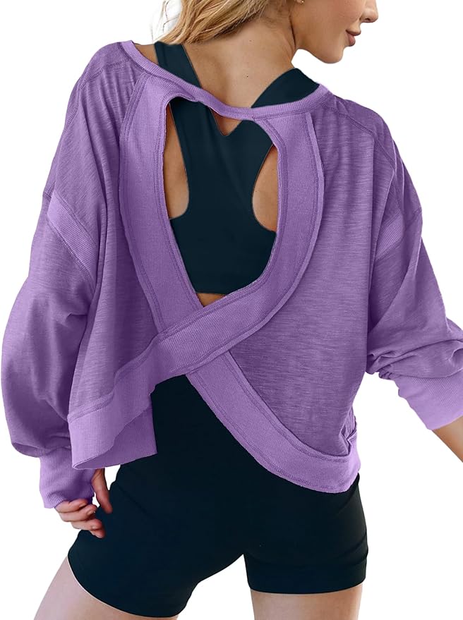 UNIANKIYA Open Back Workout Tops for Women Long Sleeve Cropped Athletic Clothes Gym Running Yoga Low Impact Sports T Shirts