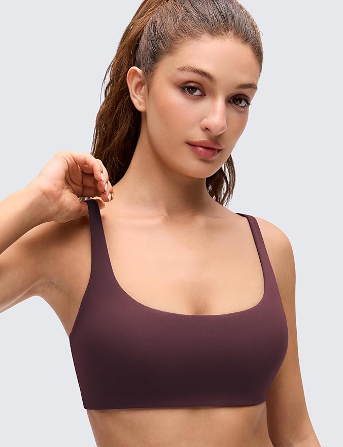 CRZ YOGA Butterluxe Square Neck Spaghetti Strap Sports Bras for Women - Low Coverage Yoga Wireless Padded Cami Crop Top