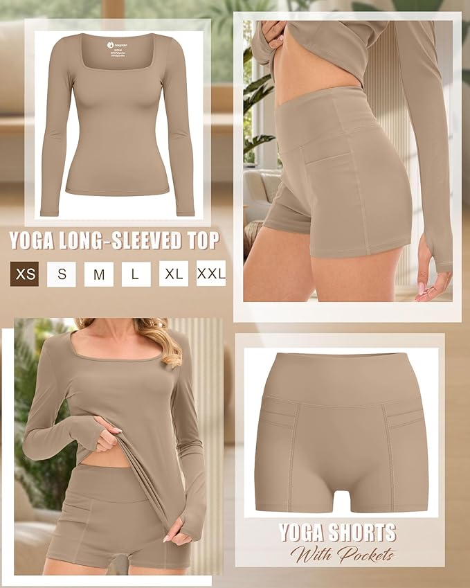 Oakgarden Women's Long Sleeve Yoga Set Square Neck Slim Fit Tops Elastic Soft Thumb Hole Shirt High Waist Shorts with Pockets