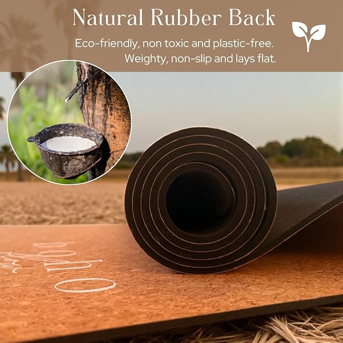 Deluxe Cork Yoga Mat – Gold, Coffee or Vegan Leather Cork Surface & Natural Rubber Base – Premium Natural & Eco Friendly Materials – Includes Signature Handmade Boho Bag