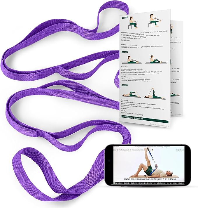 Trideer Stretching Strap with Loops & Leg Lifter, Non-Elastic PT-Style Physical Therapy Strap for Knee Replacement Rehab, Hamstring, Calf & Back Stretcher Mobility, Hip, Shoulder & Yoga