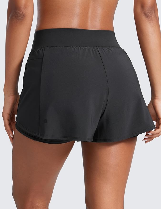 CRZ YOGA 2 in 1 Double Layer Running Shorts for Women 3" - High Waisted for Athletic Tennis Workout with Zip Pockets