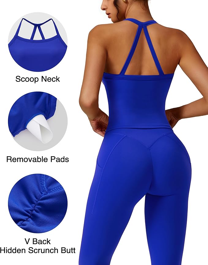 RXRXCOCO Cross Back Workout Sets for Women 2 Piece Padded Tank Tops Hidden Scrunch Leggings Gym Outfits with Pockets