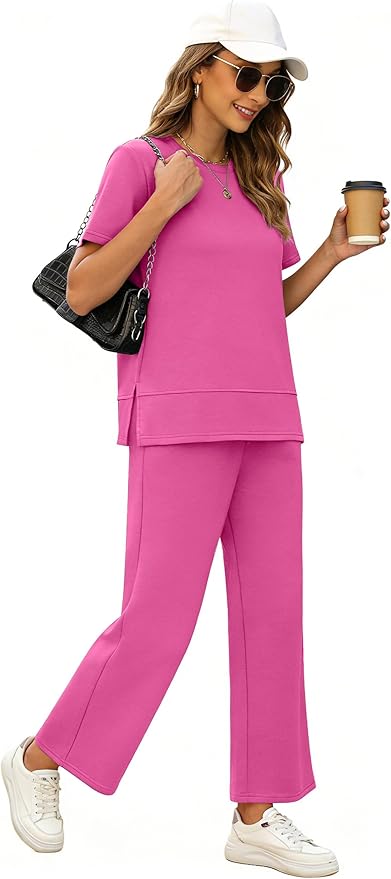 XIEERDUO Women's Side Slit Lounge Sets 2026 Fashion 2 Piece Travel Outfits Cozy Loungewear Wide Leg Tracksuits S-3XL
