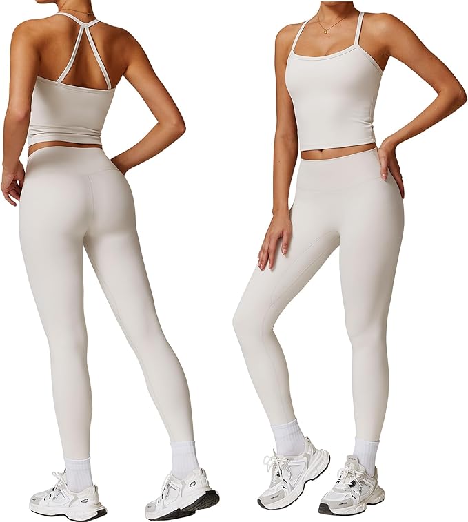 Women 2 Piece Workout Sets (NEW) Yoga Outfit Open Back Tank Top High Waisted Leggings Gym Sets Tracksuits