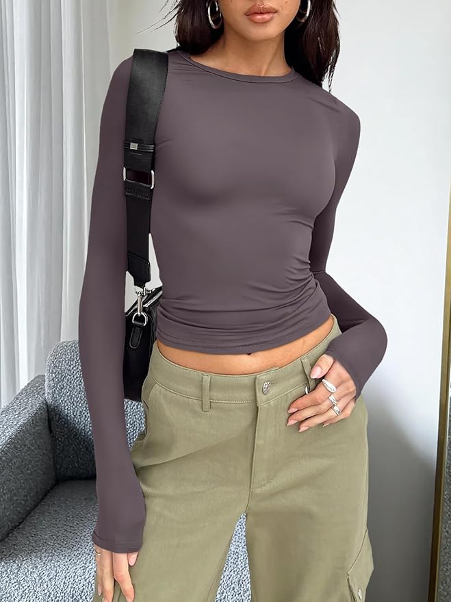 Trendy Queen Womens Long Sleeve T Shirts Fall Fashion 2026 Basic Crop Tops Going Out Outfits Y2k Clothes