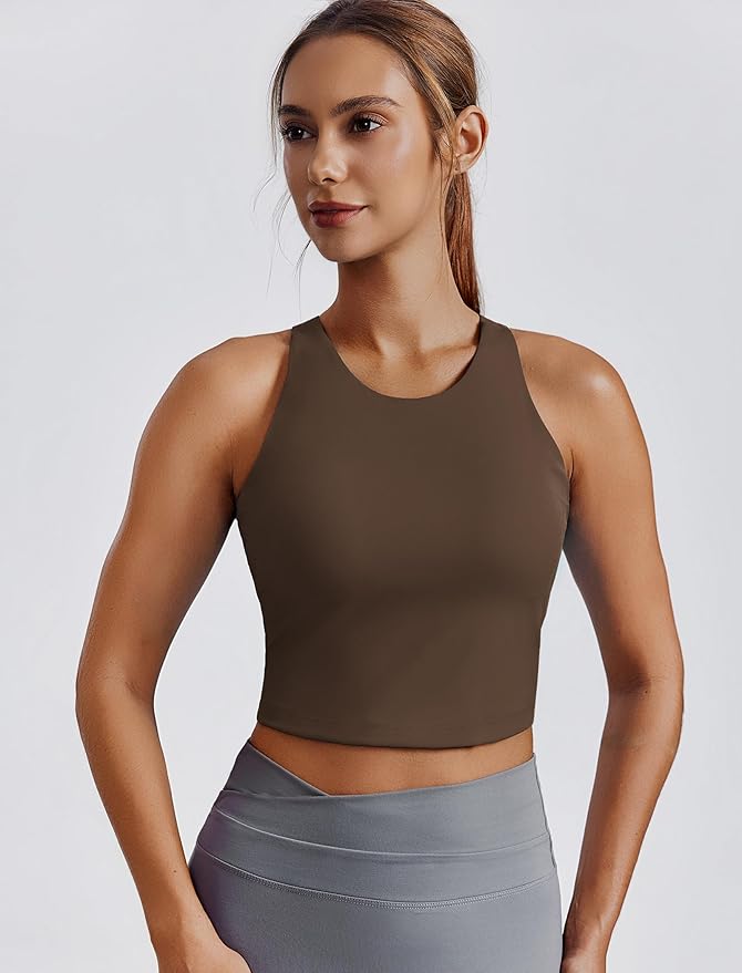 PINSPARK Women Sports Bra High Neck Racerback Workout Crop Tank Top Longline Padded Yoga Tops with Built in Pads