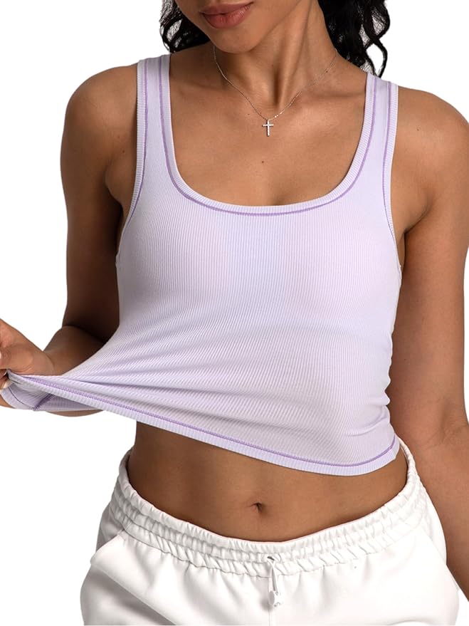 Danysu Women Rib Tank Top Padded Workout Top Square Neck Crop Tank Fitted Basic Cami Tops