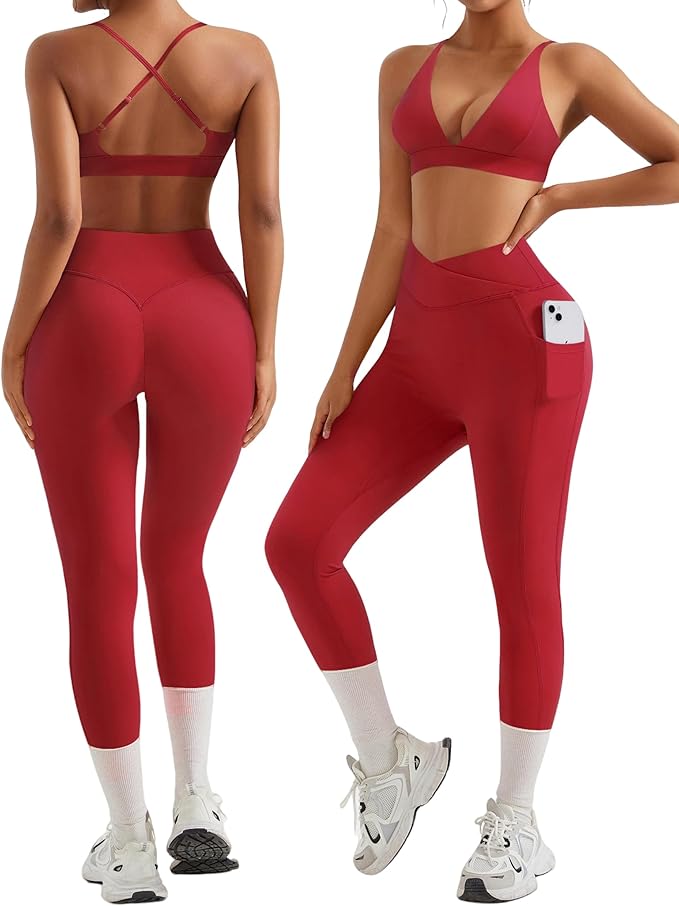 RXRXCOCO 2 Piece Workout Sets for Women Strappy Sports Bra Booty Leggings with Pockets Yoga Gym Outfits