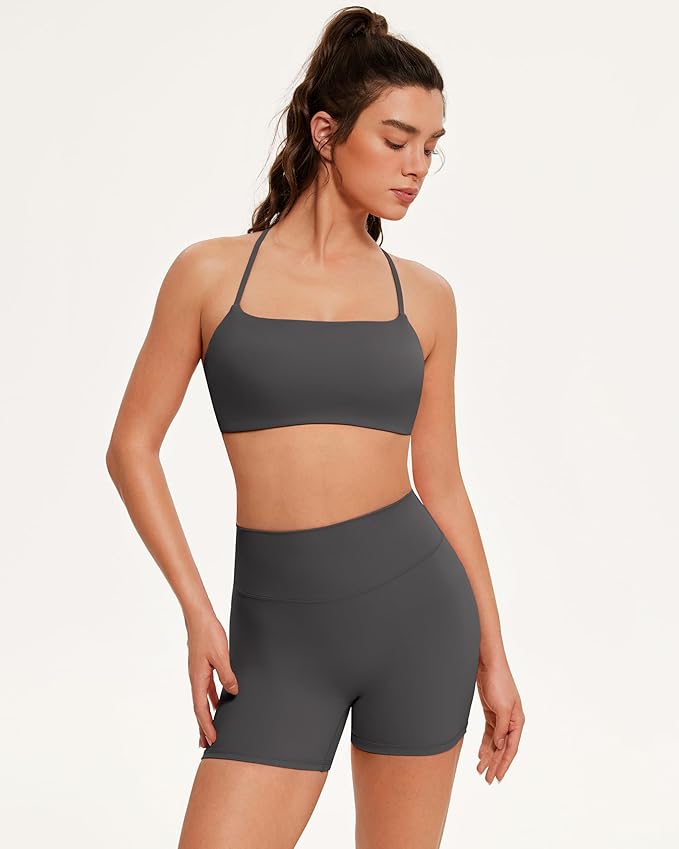 OMKAGI Workout Sets for Women Open Back Strappy Sports Bra Booty Biker Shorts Gym Outfits