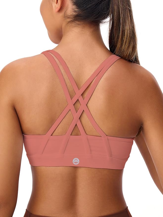 Women's Strappy Sports Bras Light Compression Crop Criss Cross Back Padded Workout Yoga Bra Supportive U Neckline