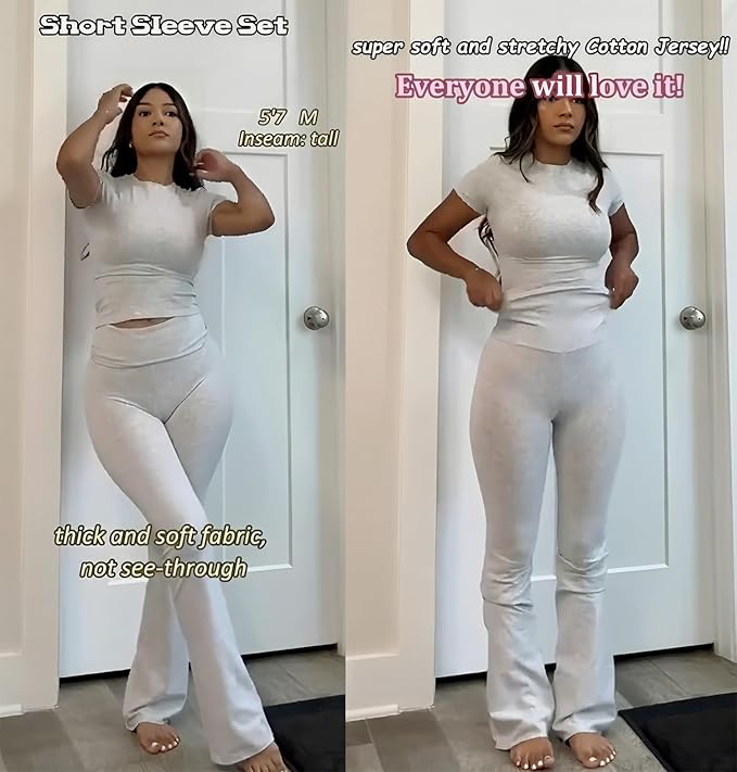YETOWA Women's 2 Piece Lounge Outfits Slim Short Sleeve Tops Low Rise Flare Leggings Sets Yoga Sweatsuit