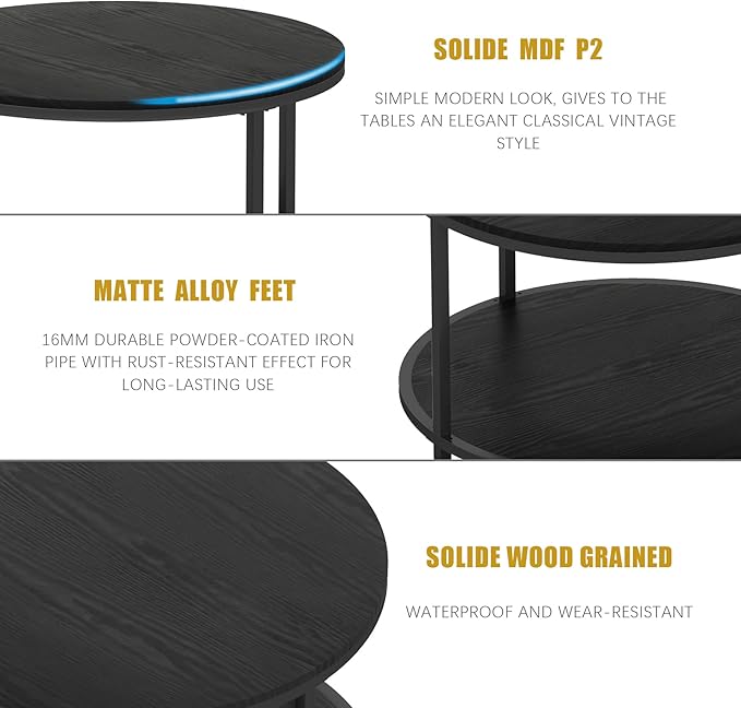 NSdirect Round Coffee Table, 25.6" Small Coffee Table for Living Room,2-Tier Rustic Wood Desktop with Storage Shelf Modern Design Home Furniture(Black)