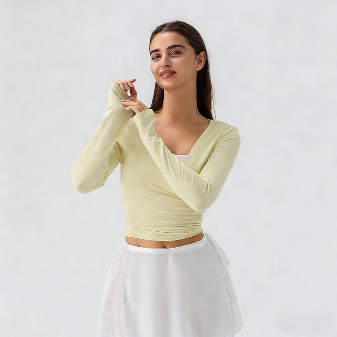 Women Wrap Top Thumb Hole Long Sleeve Self Tie Workout Shirt Pilates Ballet Yoga Tops
