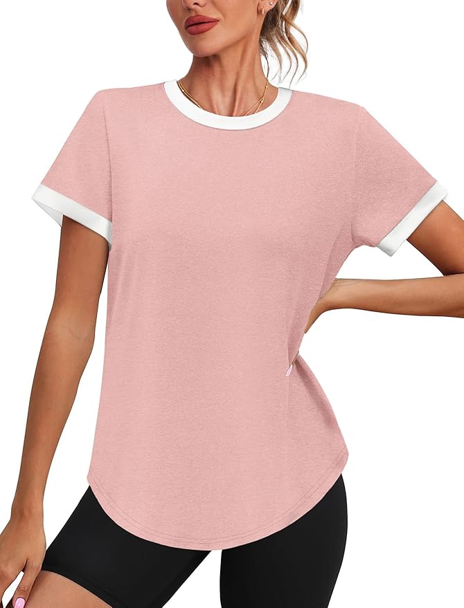 Womens Workout Tops Summer Short Sleeve Shirts Athletic Color Block Gym Clothes Outfits Sun Protection UPF 50+ T Shirts