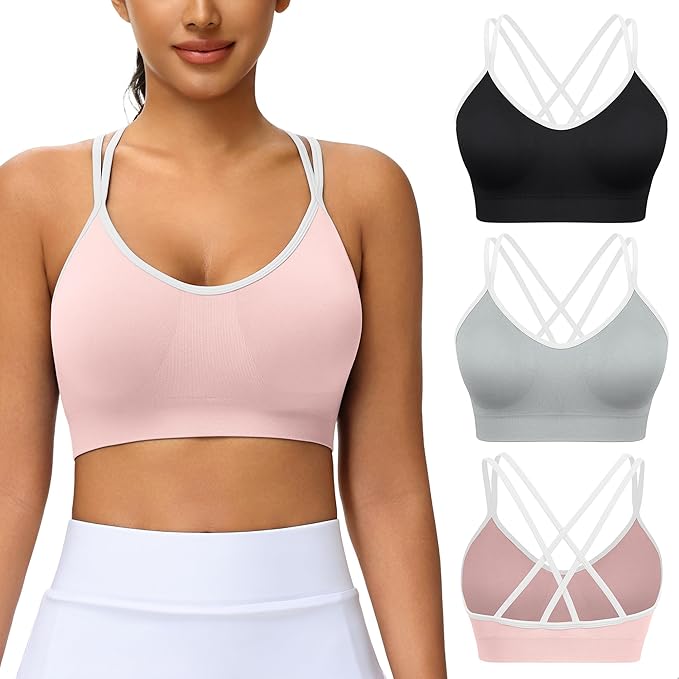 VEQKING Women's Cross Back Sports Bra Padded Strappy Medium Support Yoga Bra for Workout Fitness 3 Pack