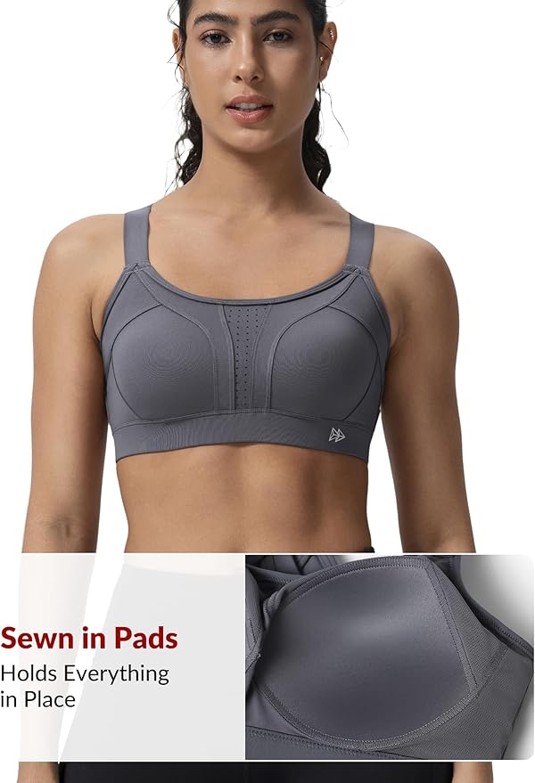 Yvette Sports Bra High Impact Adjustable Criss Cross Back, Full Support for Large Bust No Bounce