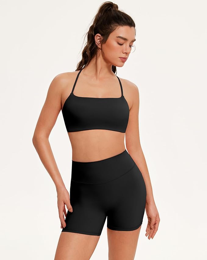 OMKAGI Workout Sets for Women Open Back Strappy Sports Bra Booty Biker Shorts Gym Outfits