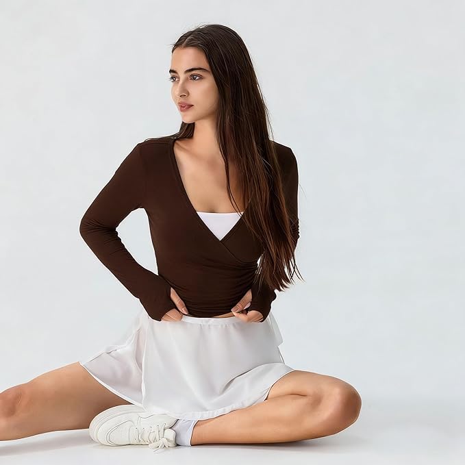 Women Wrap Top Thumb Hole Long Sleeve Self Tie Workout Shirt Pilates Ballet Yoga Tops