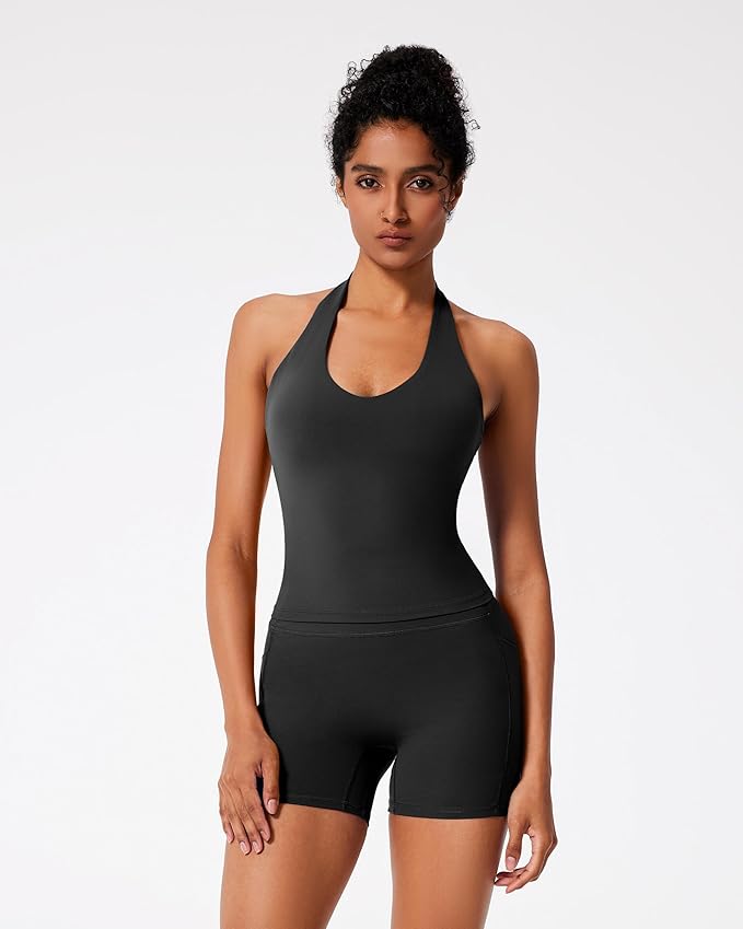 RXRXCOCO Halter Workout Sets for Women 2 Piece V Neck Tank Tops Hidden Scrunch Booty Shorts Gym Outfits with Pockets