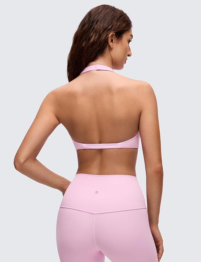 CRZ YOGA Butterluxe Double Lined Twist Halter Sports Bras for Women - Deep V Neck Crop Top Casual Open Back Non Padded