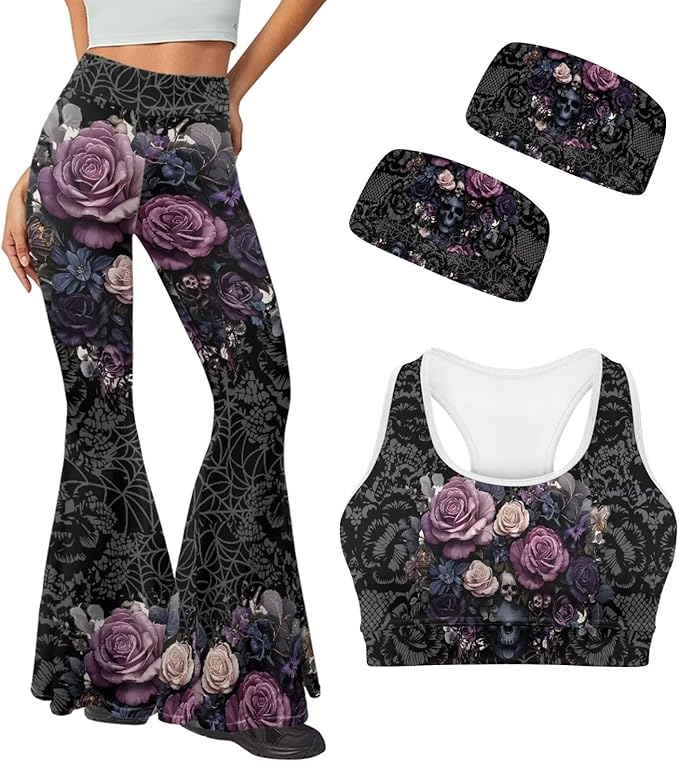 4 Piece Gym Sets Women Racerback Sports Bra with Back Pocket, Matching Flare Yoga Pants And Sweatband