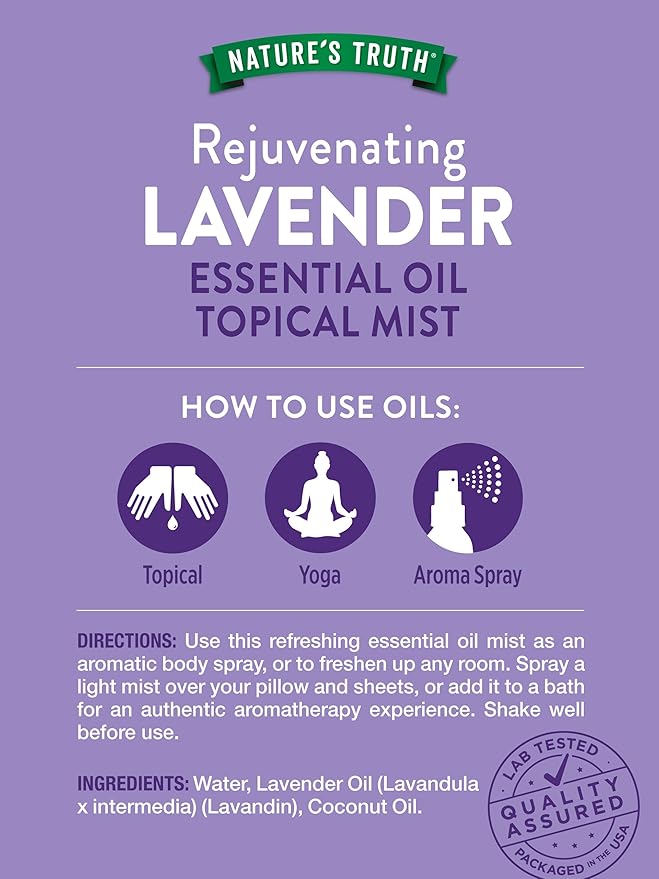 Nature's Truth Lavender Essential Oil Spray | 2.4 fl oz | Room Aroma Mist, Topical Use, & Yoga