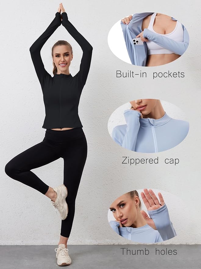 Women Built-In Pockets Athletic Jackets Slim Fit Full Zip up Workout Yoga Gym Jacket with Thumb Holes