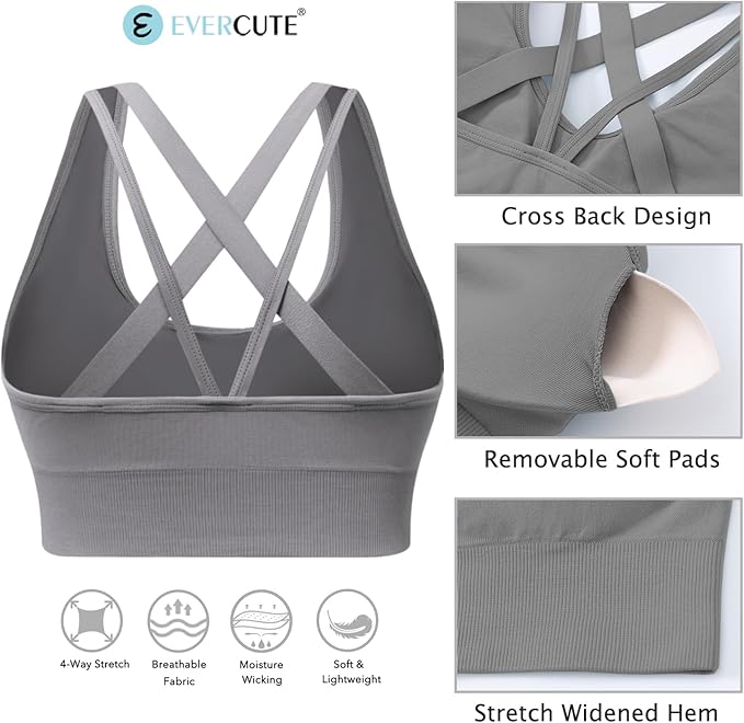 Evercute Sports Bras for Women Padded Medium Support Criss Cross Strappy Bra Seamless High Impact Yoga Exercise Athletic Bras