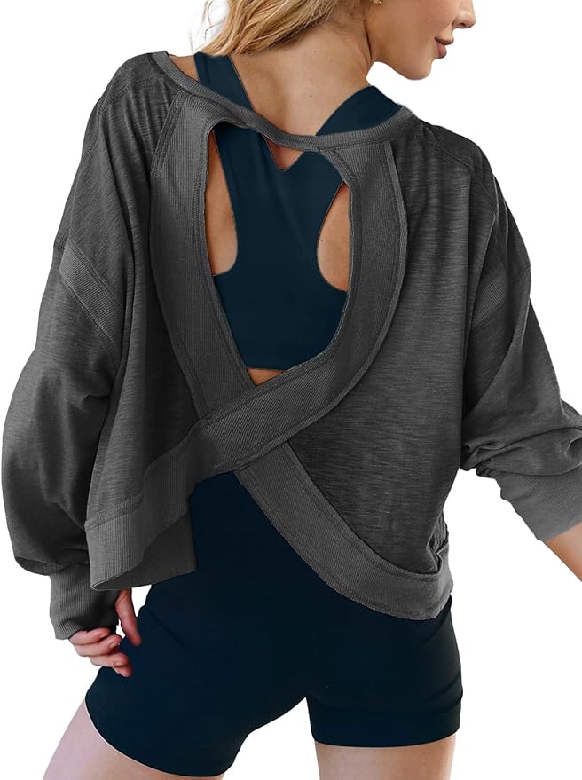 UNIANKIYA Open Back Workout Tops for Women Long Sleeve Cropped Athletic Clothes Gym Running Yoga Low Impact Sports T Shirts