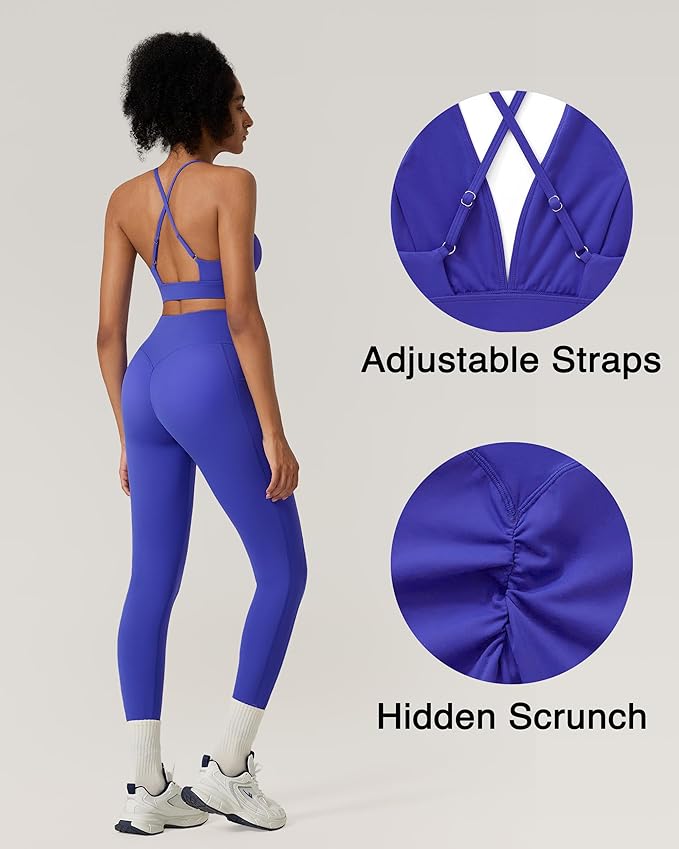 RXRXCOCO 2 Piece Workout Sets for Women Strappy Sports Bra Booty Leggings with Pockets Yoga Gym Outfits