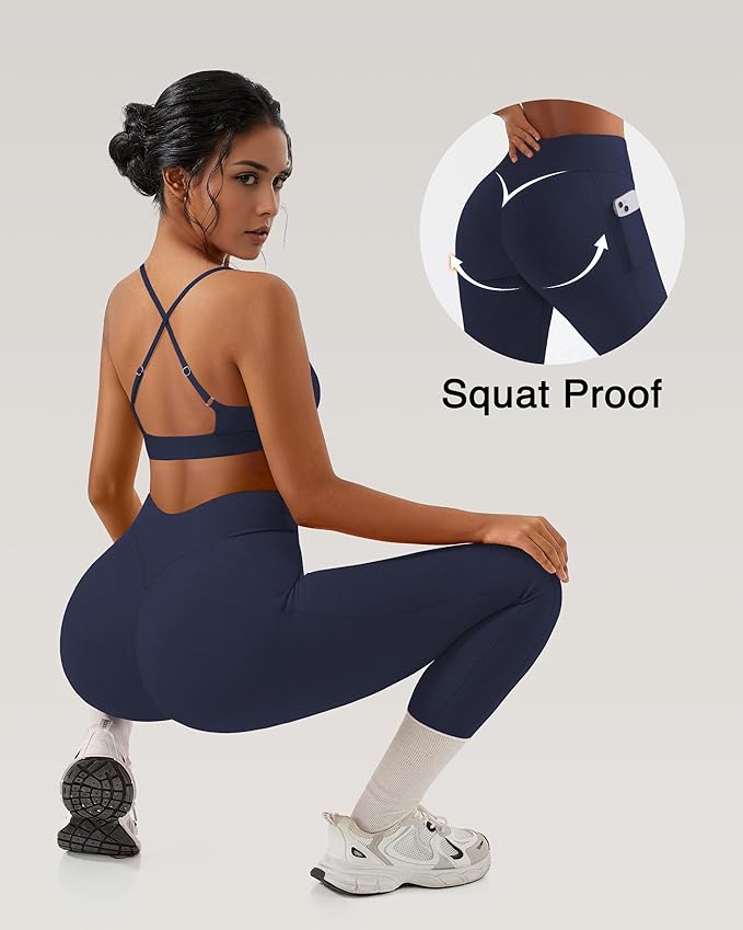 RXRXCOCO 2 Piece Workout Sets for Women Strappy Sports Bra Booty Leggings with Pockets Yoga Gym Outfits