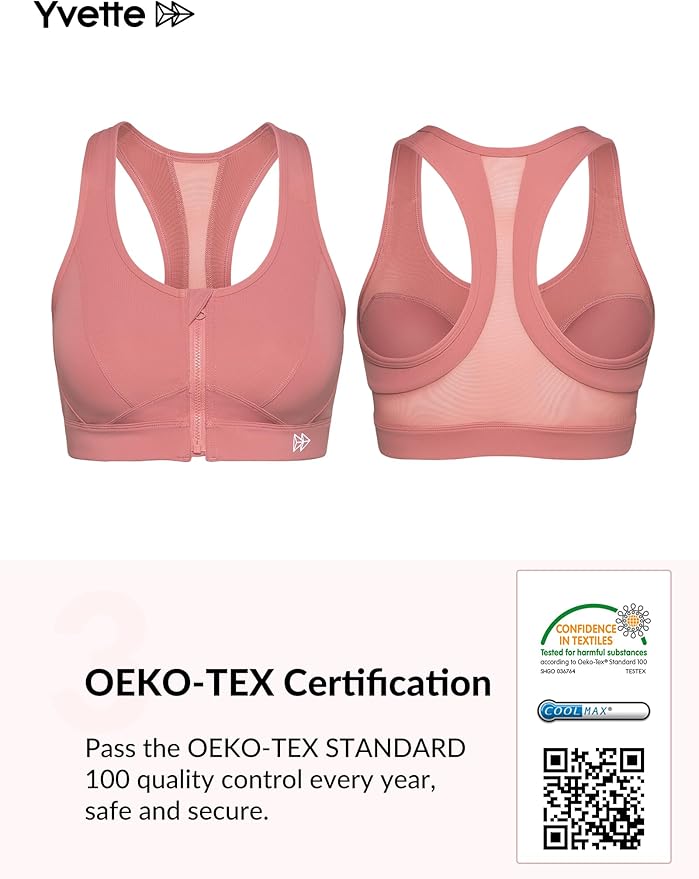 Yvette Zip Front Sports Bra - High Impact Sports Bras for Women Plus Size Workout Fitness Running
