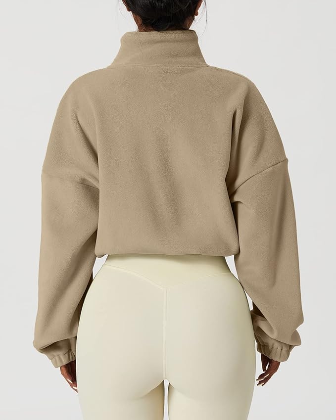 QINSEN Women's Full Zip Fleece Short Jacket Warm Winter Long Sleeve Stand Collar Sherpa Crop Coat