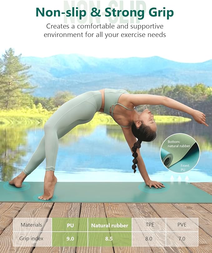 KEEP Rubber Yoga Mat - Professional Sweat Absorbent PU & Natural Rubber. Non Slip Workout Mats for Women & Men, 5mm Thick, 74"x26" Extra Long Wide Pad for Hot Yoga, Pilates, HIIT, Home Gym - Strap Included