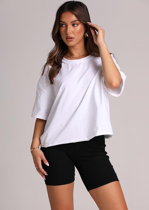 XIEERDUO Cotton Tshirts for Women Drop Shoulder Round Neck Oversized Crop Tops Workout Tops Tees