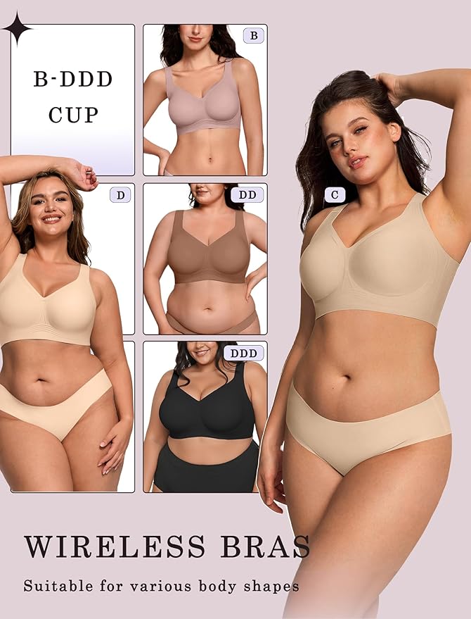 OEAK Womens Wireless Jelly Bra Plus Size Supportive Seamless Bras Full Coverage Push Up Comfortable No Underwire Tshirt Bras