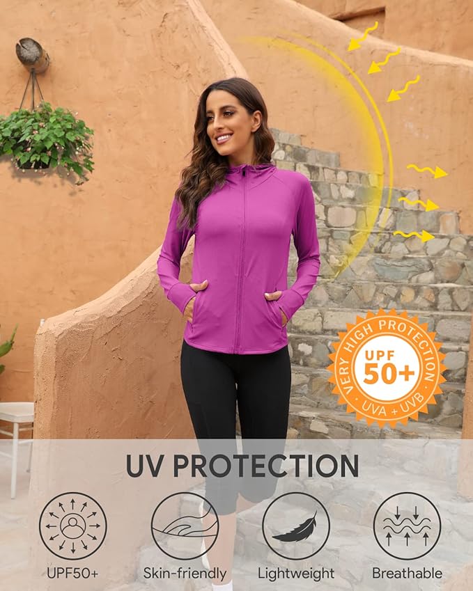 We1Fit Women's UPF 50+ Sun Protection Jacket Hoodie Sun Shirts Hiking Running Athletic Shirt