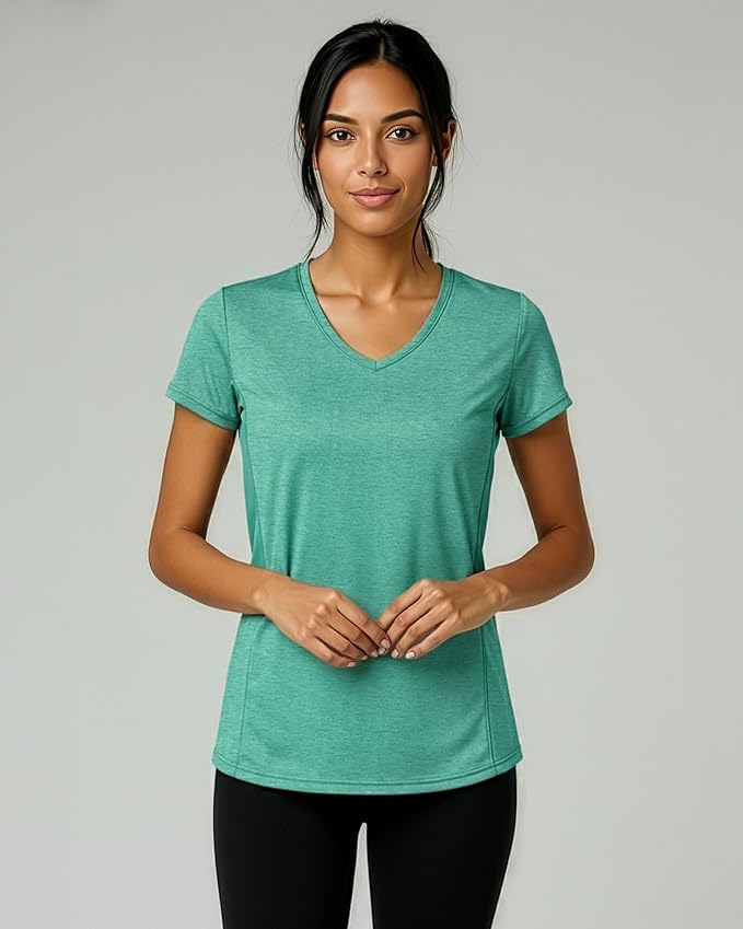 Real Essentials 5 Pack: Women's Dry-Fit Short Sleeve V Neck T Shirt Workout Fitness Yoga Top Tee (Available in Plus Size)