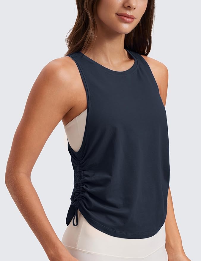 CRZ YOGA Pima Cotton Ruched Side Tank Tops for Women - Workout Athletic Casual Racerback Crewneck Loose Sleeveless Shirts