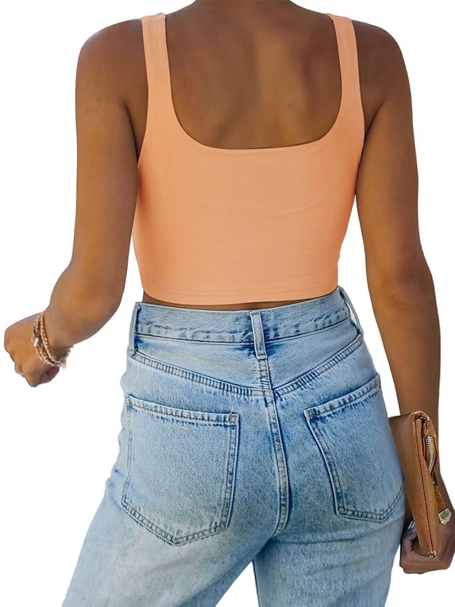 REORIA Women’s Sexy Square Neck Double Lined Seamless Sleeveless Cropped Tank Yoga Crop Basic Tops