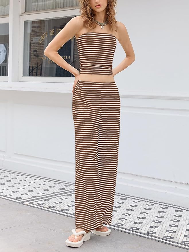 Tankaneo Womens Striped 2 Piece Sets Summer Strapless Crop Tube Tops Wide Leg Pants Matching Lounge Set Vacation Outfits