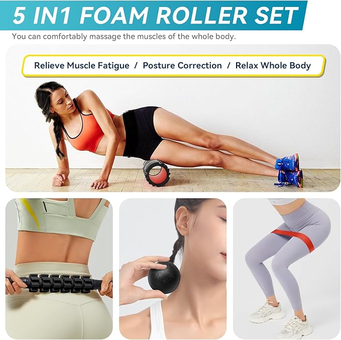 Krightlink 5 in1 Foam Roller Set, High Density Deep Tissue Massager for Muscle Massage, Massage Roller, Massage Ball, Resistance Band for Whole Body Physical Therapy Deep Muscle Massage (Purple)